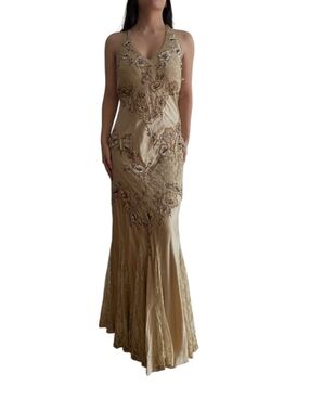 Sue Wong Nocturne Beige 100% Silk Beaded Embroidered Maxi Dress Size 6